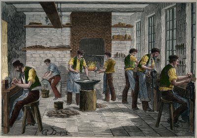 Bestickverkstad i Frankrike på 1800-talet. Gravyr från 1885 i "" Les arts et metiers illustres"" av Adolphe BITARD. av Unknown artist