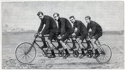 Cyklist på en cykel som kallas "quadruplette gladiator". Gravyr i "" La Nature"" av Unknown artist