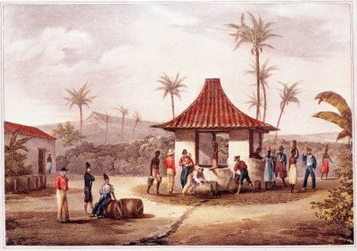Dagligt liv på Kap Verde (Kap Verde) Invånare i en by som korsar vid fontänen. Litografi från 1800-talet. Lissabons historiska arkiv för Outremer av Unknown artist