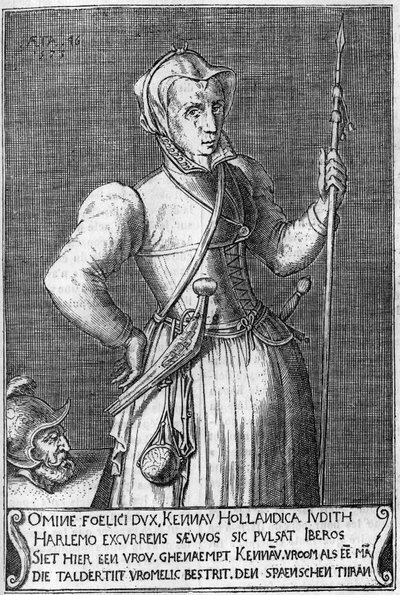 Dame Kenau Simonsdochter Hasselaer (1526-1588), hjältinnan i Haarlem (Holland) under kampen mot spanjorerna 1572. Gravyr av 1600-talet i likhet med Judith av Holoferne. av Unknown artist