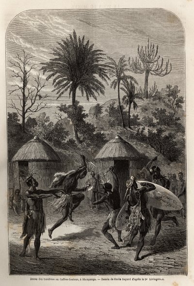 Dance of the Landines eller Zulu caffres i Shoupanga (högra stranden av Zambezefloden). Gravyr för att illustrera Dr. Livingstones första resor till södra Afrika från 1840 till 1856, i "Le tour du monde, nouveau journal des voyages"" publicerad under den f av Unknown artist