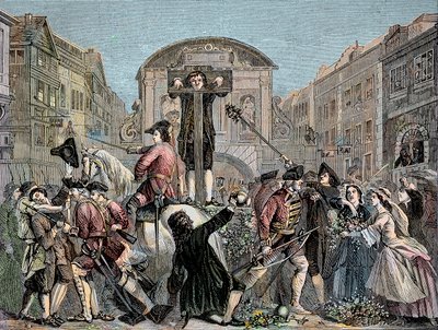 Daniel Defoe (De Foe) (1659-1731) fälldes i London 1703 för att ha publicerat sin ironiska traktat "" The Shortest Way With the Dissenters""" - Författaren och äventyraren Daniel Defoe (1659-1731) dömdes 1703 till pelaren för sina manus mot int av Unknown artist