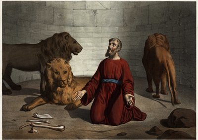 Daniel, kastad för lejon av kungen, skyddas av en Herrens ängel som lugnar bestarna. Anonym gravyr från mitten av 1800-talet. av Unknown artist