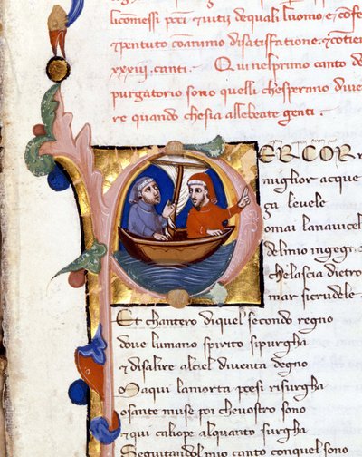 Dante Alighieri: Gudomlig komedi (gudomlig komedi) början av skärselden. Dante och Virgil. manuskript från 1300-talet. Milano bibl. Trivulziana av Unknown artist