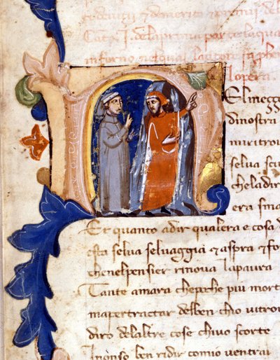 Dante och Vergilius vid helvetets ingång. (lettrine "" N "") Incipit of Hell of a Divina Commedia (gudomlig komedi) från 1300-talets Milano, Trivulzianska biblioteket. (Mitt i vårt livs resa ...) av Unknown artist