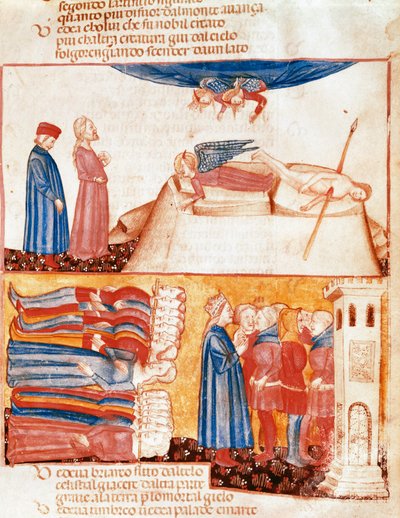 Dante och Virgil möter själar från våldsamt döda människor. Upplyst sida som illustrerar en sång från Antipurgatory från "Divina Commedia"" av Dante Alighieri (1265-1321). 1300-talet, Venedig, Biblioteca Marciana av Unknown artist