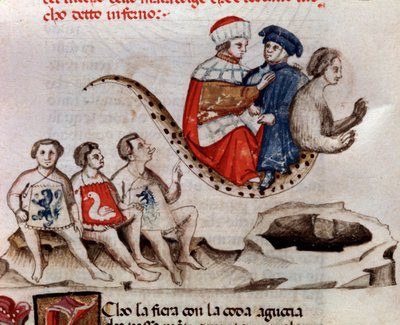 Dante och Virgil rider på Geryons rygg (låt 17 från helvetet, i den gudomliga komedin) - miniatyr 1400-tal av Unknown artist