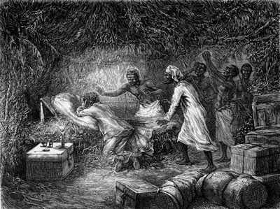 David Livingstone dog av dysenteri i byn Tchitammbo 1873 - "" Livingstones sista resa 1866-1873"" i "" Tour du Monde"", 2:a sem. 1875 av Unknown artist