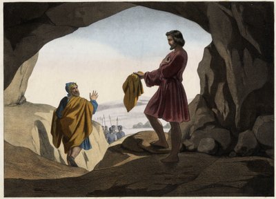 David visade Saul biten av sin mantel: David vägrade döda kung Saul, som överlämnades av Gud till grottan, och skar bara en bit av hans mantel. Anonym gravyr från mitten av 1800-talet. av Unknown artist