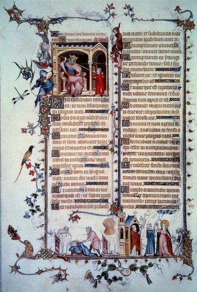 David hotar av Saul. Allegori om girighet. Nattvardens sakrament. Allegori om välgörenhet. Miniatyr hämtad från psalmen "Breviaire de Belleville"" av Unknown artist