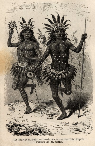 Dag och natt, målningar på kroppen av dansarna från den religiösa ceremonin och försoningen, avrättade av hövdingarna och hans följeslagare, bland Mandans indianer (eller noumah ka kie: fasaner), på Missouris vänstra strand. Gravyr för att illustrera en ut av Unknown artist