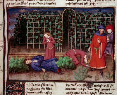 Död Två personer dödades av döden. Miniatyr från "" Le Decameron"" av Jean Boccace (Giovanni Boccaccio) (1313-1375) 1450 Paris, Arsenals bibliotek av Unknown artist