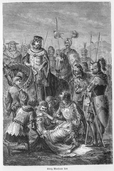 Manfred, kung av Siciliens död - 1266 - Manfred dödad i strid - Slaget vid Benevent (26 februari 1266): Manfred I:s (av Hohenstaufen) död av Unknown artist