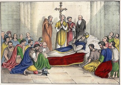 Saint Augustins död (354 - 430) Gravyr i ""Gamla och moderna Algeriet"" av Léon Galibert. Italiensk upplaga i 1846 färg. av Unknown artist
