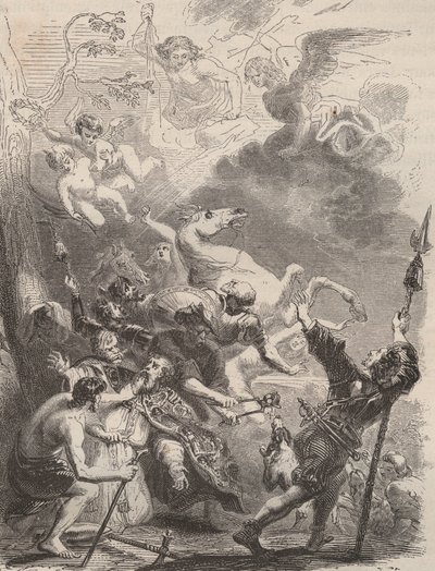 Sankt Lievin den stores (Livin, eller Lebwin eller Livinus) död som evangelisator av Flandern, martyrdöden 657/663. Gravyr från 1868 i "Histoire de Belgique från primitiv tid till slutet av Leopold I:s rege"" av Theodore Juste (1818-1888). Privat av Unknown artist