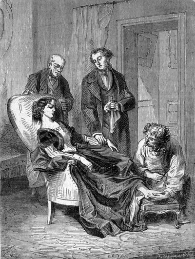 Deces av flickan Hannah Greener vid femton års ålder efter en av de första kloroformbedövningarna den 28/01/1848. Gravyr från 1869. av Unknown artist