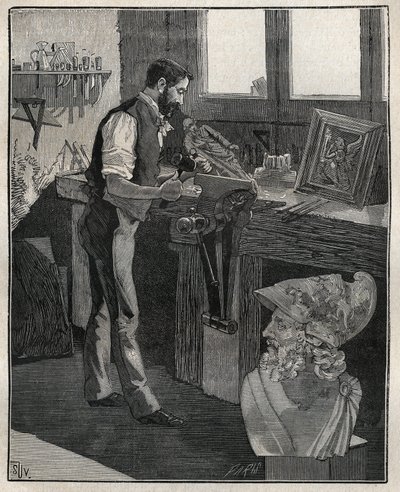 Dekor av silver: bronsmejselare. Gravyr från 1885 i "" Les arts et metiers illustres"" av Adolphe BITARD. av Unknown artist