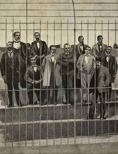 De åtalade i rättegången mot Giuseppe de Felice Giuffrida (1859-1920) och hans följeslagare, Palermo, Italien, gravyr efter fotografi av E Interguglielmi från L