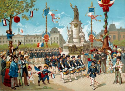Besudla barnen till skolbataljonerna på Place de la Republique den 14/07/1883 i Paris. Litografi av 1800-talets Paris, Musee Carnavalet av Unknown artist