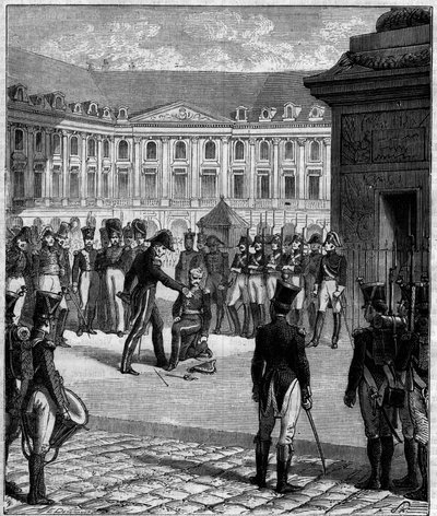 Förnedring av general Bonnaires tidigare soldat från imperiet dömd för att Ludvig XVIII:s stabschef oavsiktligt dött den 8 juni 1816 vid foten av Vendome-kolonnen (Place Vendome) i Paris. av Unknown artist
