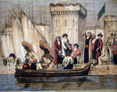 Avgår från Algerernas morer, efter koloniseringen av fransmännen, En ålder eller sjuk man lastas på en båt. 1800-talet av Unknown artist