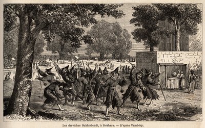 Dervishes Nakhisbendi, en persisk bokhara, Iran). Teckning av Emile Bayard (1837-1891), för att illustrera resan till Centralasien, 1863, av Arminius Vambery (ungersk vetenskapsman förklädd i dervisch). Gravyr i "" Le tour du monde", redigerad av Edouard C av Unknown artist