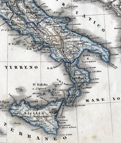 Detalj av en geografikarta som representerar södra Italien (Kampanien, Kalabrien, Sicilien, Puglia, Molise Abruzzo-regionerna). 1800-talet av Unknown artist