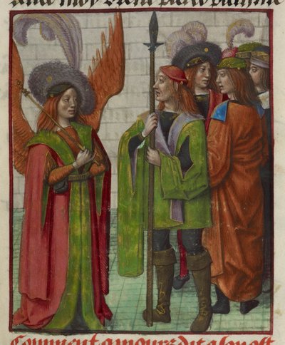 Detalj av en miniatyr av Amour (Kärlek) och hans armé, från "Le Roman de la Rose" av Unknown artist