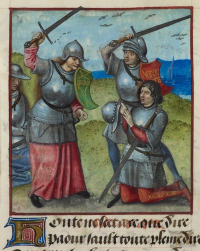 Detalj av en miniatyr av Peur som slåss medan Honte tittar på, från "Le Roman de la Rose" av Unknown artist