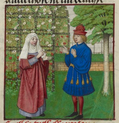 Detalj av en miniatyr av Raison (Reason) som ger älskaren råd från "Le Roman de la Rose" av Unknown artist
