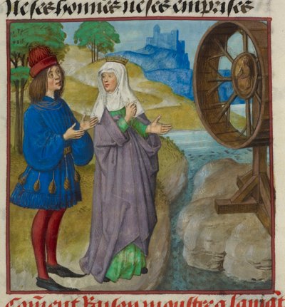 Detalj av en miniatyr av Raison (Reason) som visar lyckohjulet till älskaren, från "Le Roman de la Rose" av Unknown artist