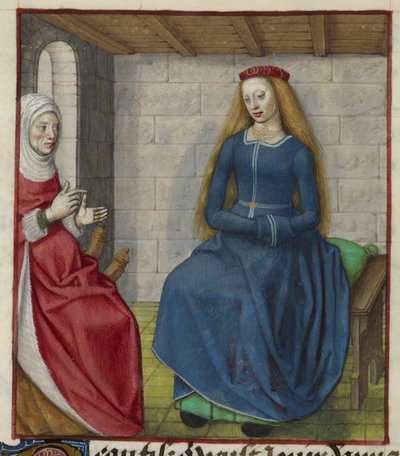 Detalj av en miniatyr av la Vieille (Duenna) och Bel Accueil (Fair Welcome), från "Le Roman de la Rose" av Unknown artist