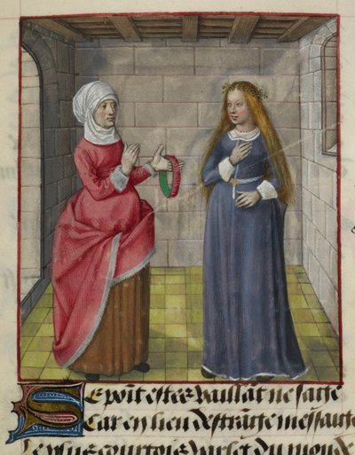 Detalj av en miniatyr av la Vieille (Duenna) och Bel Accueil (Fair Welcome), från "Le Roman de la Rose" av Unknown artist