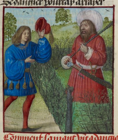Detalj av en miniatyr av älskaren som hälsar faran, från "Le Roman de la Rose" av Unknown artist