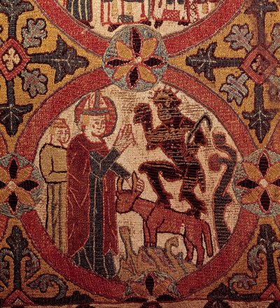 Detalj av ett broderi föreställande Sankt Martins frestelse. isländsk gobeläng. 1390-1403. Paris, Nationalmuseet för medeltiden, Thermes de Cluny av Unknown artist