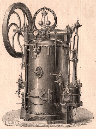 Detaljerad teknisk vy av en liten ångmaskin tillverkad i Paris 1866: panna, cylinder, kolv, vevstake och svänghjul av Unknown