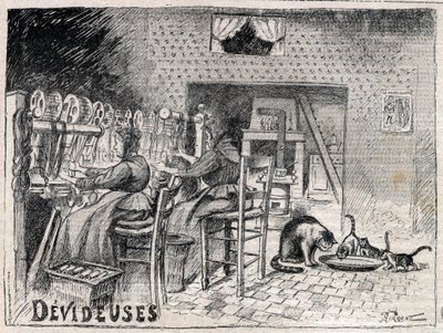 Devideuses - Atelier de Canut - interiör av en sidenvävarverkstad i Lyon gravyr i "Le Progres illustrious"" från 1895 av Unknown artist