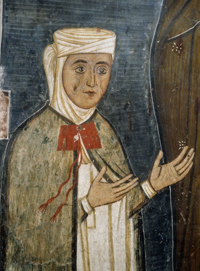 Troende Saramalyna Anastasia i 1300-talskläder, fresk i den bysantinska kyrkan Our Lady of Asinou (1100-talet) (Unescos världsarvslista, 2001), Troodosbergen, Cypern av Unknown artist