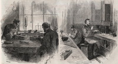 Diamantskärning i en verkstad i Nederländerna: klyvar och polermaskiner - Gravering i "" Le Monde Illustré"" av Unknown artist