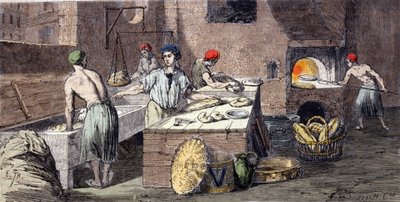 Bagares olika aktiviteter: klappning av bröddeg, tillagning av bröd, bakning. Gravyr av 1800-talet av Unknown artist