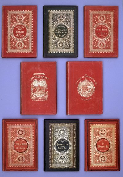 Olika omslag till Jules Vernes böcker publicerade i Hetzel-upplagor. Verne bibliotekssamling. Paris. av Unknown artist
