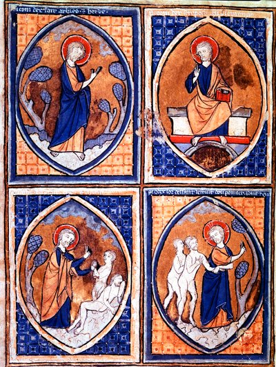 Olika stadier av världsskapandet representerade i mandorles. Miniatyr från ett 1200-talsmanuskript. Porto, kommunala biblioteket av Unknown artist