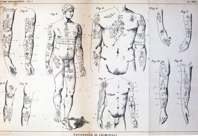 Olika typer av tatueringar av brottslingar: tavlan illustrerad i "" Den kriminella mannen"" (L