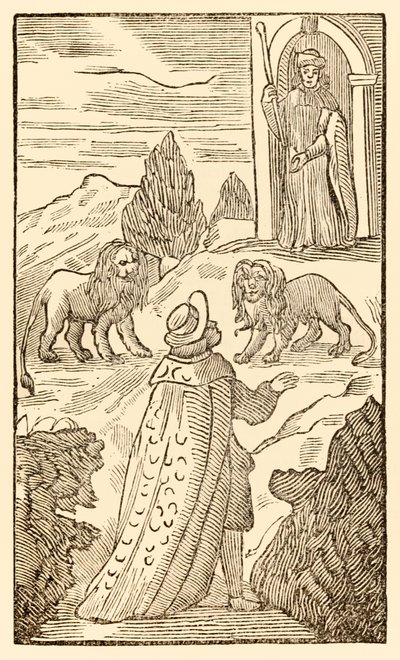 Svårigheter ligger bakom, rädsla är före från Pilgrimernas framsteg från denna värld, till det som ska komma av John Bunyan (1628-1688) Christian passerar mellan lejonen när portvakten vaksam ser på av Unknown