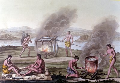 Mat- och matlagningsscen bland Florida-indianerna. 1600-talsgravyr. av Unknown artist
