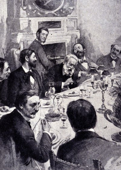 Middag vid bordet av Victor Hugo med Jean Mounet Sully (Mounet-Sully) (1841 - 1916), fransk skådespelare. Gravyr av 1800-talet. av Unknown artist