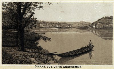 Middag, utsikt mot Anseremme och floden Lesse, regionen Vallonien i Belgien. Kromolitografi från slutet av 1800-talet. av Unknown artist