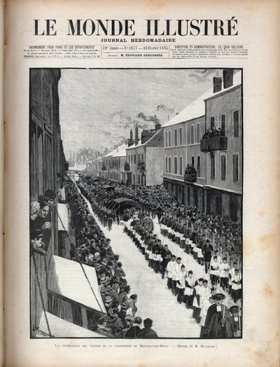 Katastrof i brunnen Sainte Eugenie - Begravningen av offren för katastrofen i Montceau les Mines (Montceau-les-Mines) i Bourgogne - Gravyr i "Le monde illustrious"" 1895 av Unknown artist