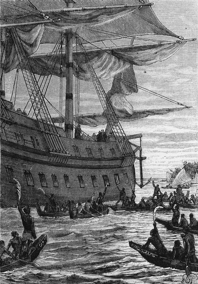 Discovery des Indes: Wallis resa i Stilla havet; Ursprungsbefolkningen kommer att träffa kolonerna - i "" Les Voyageurs du 18eme et 19eme ecle", av Jules Verne, red. Hetzel et Cie, Paris. av Unknown artist
