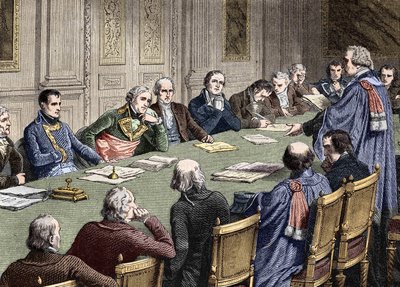 Diskussion om civillagen i statsrådet (1800-1804), under ordförandeskapet av den förste konsuln, Napoleon Bonaparte har sin vänstra Jean Jacques Regis de Cambaceres. Gravyr av 1800-talet. av Unknown artist
